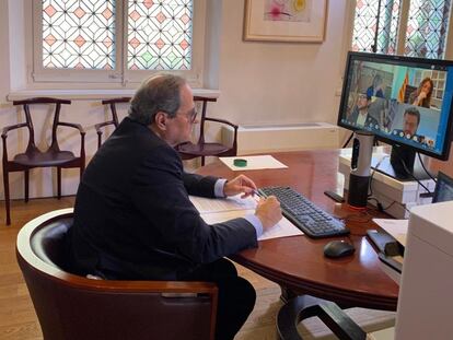 El presidente de la Generalitat, Quim Torra, en una videoconferencia