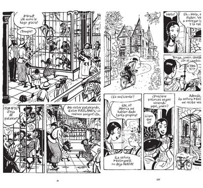 Two pages from the graphic novel 'Joséphine Baker': on the left, she is a seven-year-old visiting the zoo with her family; on the right, she gives a generous tip the delivery boy in the foyer of her mansion in Beau Chêne, in the Paris Region.