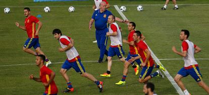 Los jugadores de España, en el entrenamiento de este jueves.