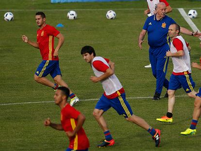 Els jugadors d'Espanya, en l'entrenament d'aquest dijous.