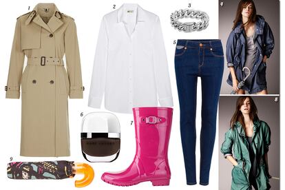 1. Topshop Trench con doble botonadura y cinturón. 2. J.Crew Camisa recta. 3. Aristocrazy Anillo de eslabones de plata. 4 y 8. Burberry Brit. 5. Pull & Bear Jeans pitillo. 6. Marc Jacobs Beauty Laca de uñas. 7. Igor Bota de agua de media caña. 9. Bimba & Lola Paraguas estampado.