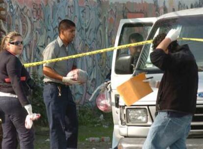 Varios médicos forenses recogen las cabezas de los cuerpos decapitados hallados este domingo en Tijuana