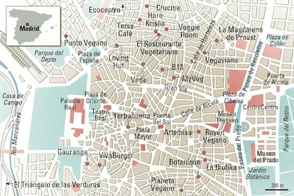 Mapa de los restaurantes veganos y vegetarianos de Madrid.