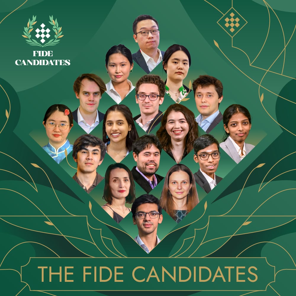 Los 16 participantes en los Torneos de Candidatos y Candidatas en Peyia (Chipre), el 28 de marzo de 2026. De arriba abajo, e izquiera a derecha: Yi Wei, Assaubáyeva, Zhu, Bluebaum, Caruana, Yesipenko, Tan Desmuj, Goriáchkina, Vaishali, Sindárov, Nakamura, Praggnanandhaa, Lagno, Anna Muzychuk y Giri