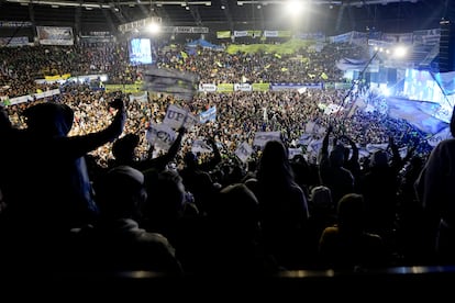 A scene from a rally of the General Confederation of Labor with presidential contender Sergio Massa, in Buenos Aires, Argentina, Tuesday, August 8, 2023.