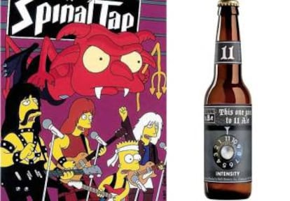 Spinal Tap aparecen recurrentemente en 'Los Simpsons'. Aquí, Bart, canta con el grupo. A la derecha, imagen de una cerveza promocional Spinal Tap.