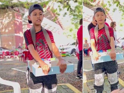 Capturas del video en el que el niño de 11 años responde preguntas matemáticas a cambio de la compra de dulces.