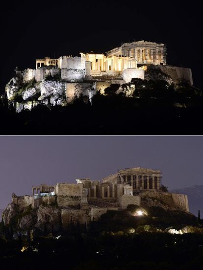 Vista de la Acrópolis de Atenas (Grecia), antes y después de la Hora del Planeta.