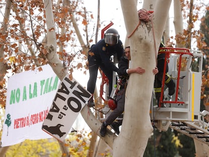 Vecinos y ecologistas protestan en el parque de Arganzuela por la tala de árboles para la ampliación de la línea 11 del metro de Madrid, el 11 de diciembre de 2023.