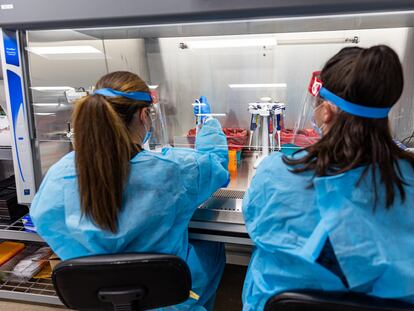 Microbiologists with the AEGIS Sciences Corporation process Covid-19 and Monkeypox tests at its facility in Nashville, Tennessee