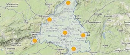 Mapa de la previsión meteorológica para hoy en la Comunidad de Madrid.