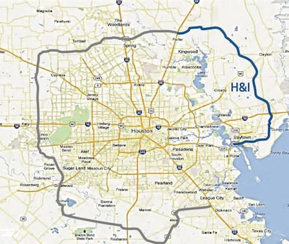 Mapa de la futura Grand Parkway, autopista de circunvalaci&oacute;n de Houston. En azul, el tramo adjudicado por Ferrovial.