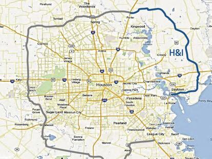 Mapa de la futura Grand Parkway, autopista de circunvalaci&oacute;n de Houston. En azul, el tramo adjudicado por Ferrovial.