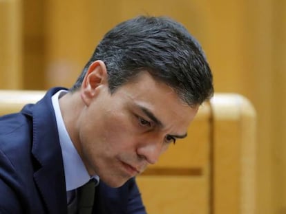 El presidente del Gobierno, Pedro Sánchez, durante su asistencia al pleno del Senado