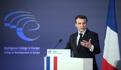 Macron, durante su discurso en la sesión inaugural del nuevo Colegio Europeo de Inteligencia en París.