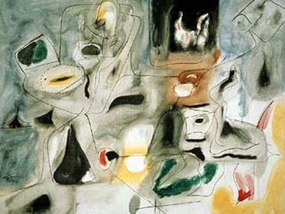 <i>Abrazo / Good hope Road II (Pastoral)</i> (1945), <b>óleo de Arshile Gorky</b>, del Museo Thyssen de Madrid.
