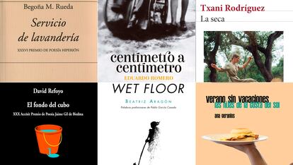 Combo de las portadas: ‘Servicio de lavandería’, de Begoña M. Rueda; ‘Centímetro a centímetro’, de Eduardo Romero; ‘La seca’, de Txani Rodríguez; ‘El fondo del cubo’, de David Refoyo; ‘Wet floor’, de Beatriz Aragón; ‘Verano sin vacaciones’, de Ana Geranios.