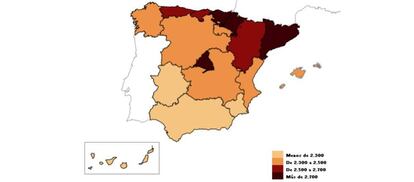 Coste laboral por trabajador y mes en cada Comunidad Autónoma.