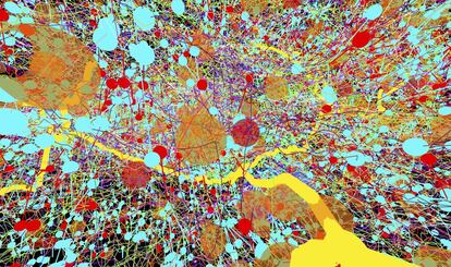 Reconstrução de parte do sistema nervoso de uma larva de mosca da fruta. A imagem mostra uma visão lateral dos neurônios e suas conexões. Em amarelo, por exemplo, visualiza-se o axônio de um neurônio sensorial que percebe a vibração, e os pontos de contato entre os neurônios, as sinapses, aparecem coloridos em azul e vermelho.