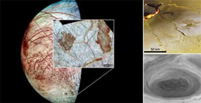 Fotografías de Europa (izquierda), Io (arriba) y la mancha roja de Júpiter (abajo) tomadas por la <i>Galileo</i>.