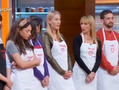Captura de pantalla del programa en el que Tamara (en el centro) anuncia que abandona 'MasterChef'.