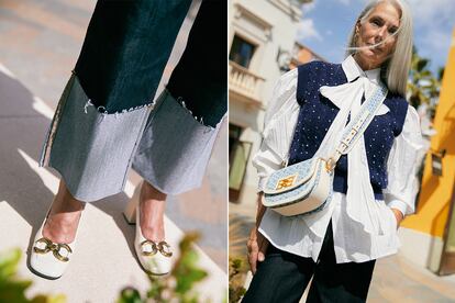 A la izquierda, vaqueros de Liu Jo y zapatos de Baldinini. A la derecha, camisa de Sandro, chaleco de Maje, vaqueros de Liu Jo, bolso de Bally y pendientes de Tous. Disponibles en Las Rozas Village y La Roca Village.