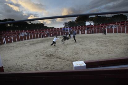 Además de para matador, los chavales reciben adiestramiento en el ejercicio de poner banderillas. Con tal fin se usa un 'carro' con una jiba falsa donde, con cuidado y buena puntería, clavan las lancetas.