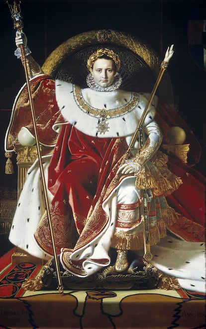 'Retrato de Napoleão I Bonaparte (1769-1821) no trono imperial com o traje da coroação'. Pintura de Jean Auguste Dominique Ingres (1780-1867), óleo sobre tela (250x160 cm), 1806. Museu do Exército, Paris, França.