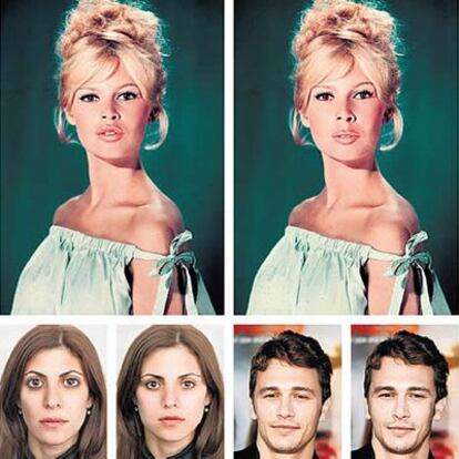 Brigitte Bardot, arriba, Martina Eckstut, izquierda, y James Franco, antes y después de que sus fotos fueran embellecidas por ordenador.