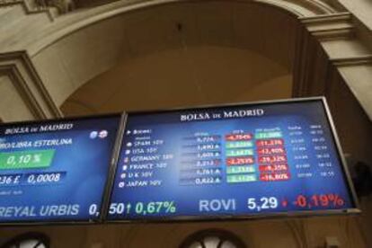 Pantalla de la bolsa española con la prima de riesgo. EFE/Archivo