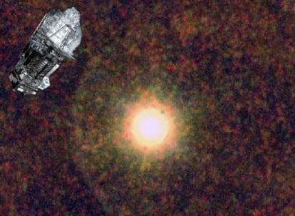 Composición fotográfica de la estrella IRC+10216 y el telescopio espacial 'Herschel'