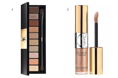 1. Paleta de diez colores ‘Nude’ Couture Variation 2. ‘Full Metal Shadow’ en el tono 04 Onde Sable. Todo de Yves Saint Laurent.