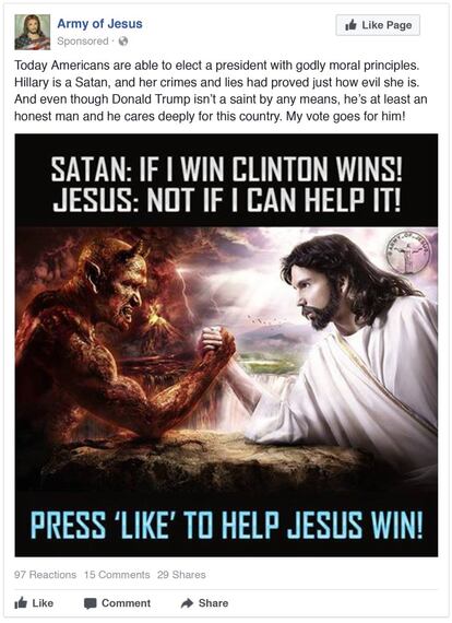 Imagen difundida por la cuenta Armada de Jesús creada por el operativo ruso para interferir en las elecciones.