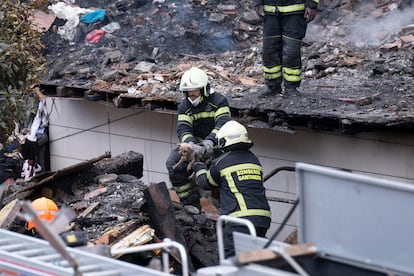 Bomberos de Santander rescatan a un perro entre los escombros del edificio.