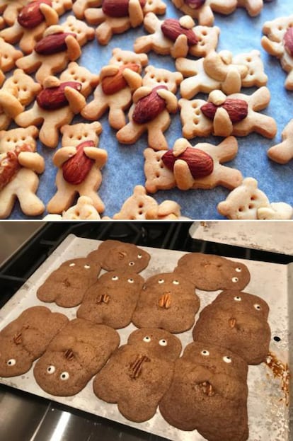 OSOS NADA AMOROSOS. Alguien intentó hacer unas adorables galletitas en forma de oso. Ese alguien pudo cometer alguno de los errores más habituales a la hora de hacer galletas con formas: poner la masa fría, no mezclar primero los ingredientes húmedos y luego añadir los secos, o prolongar excesivamente el tiempo de horneado. Resultado: en vez de ositos, presencias espectrales con ojos y algo en medio que no sabes si es una boca o una vulva.