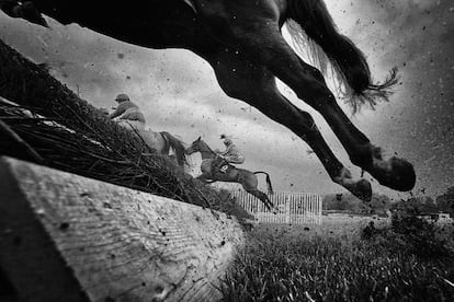 Visão geral dos cavaleiros e suas montarias antes de pular uma cerca durante corrida de cavalos no Hipódromo de Chepstow, no País de Gales, em 6 de novembro.