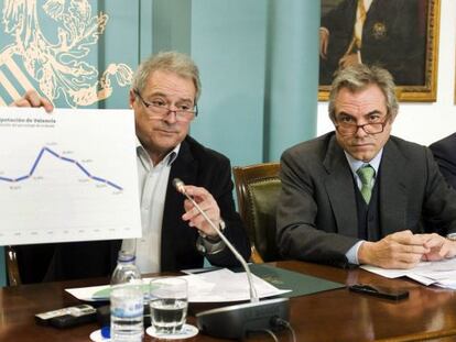 Alfonso Rus, president de la Diputació de València, amb el vicepresident, Máximo Caturia, en una roda de premsa.