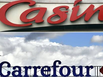 Montaje con los logos de las cadenas Casino (arriba) y Carrefour (debajo).
