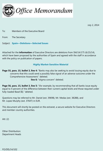 Captura del documento del FMI en la que se señalan las partes de texto original que fueron eliminadas a instancias del Gobierno español.