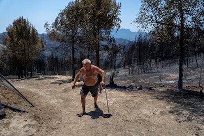 Agustín, de 72 años, caminaba el martes por su propiedad quemada por el fuego desatado cerca de la localidad de El Pont de Vilomara, en Barcelona. 