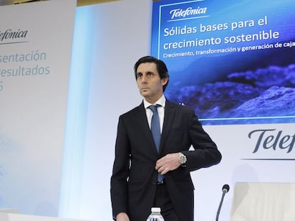 El presidente de Telefónica, José María Álvarez-Pallete, hoy en la sede de la compañía.
