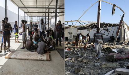 Antes y después del centro de detención de migrantes en Trípoli (Libia), tras el bombardeo de la madrugada de este miércoles. El Gobierno de Unidad Nacional, reconocido por la ONU, atribuye la matanza a las tropas del mariscal Jalifa Hafter, que ha dejado un saldo de al menos 40 muertos.