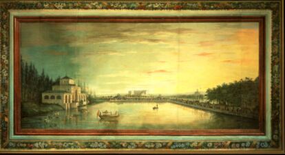 Pintura anónima de 1816 que reproduce el estanque del Retiro, con el edificio de la Real Fábrica de Porcelana al fondo.