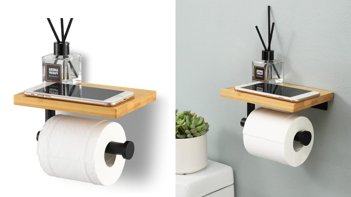 Portarrollos para el papel higiénico con estante de bambú.