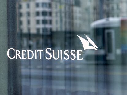 A logo is pictured on the Credit Suisse bank in Geneva, Switzerland, February 22, 2023.