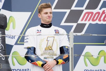 Binder, en el podio de Alca&ntilde;iz, ya como campe&oacute;n del mundo de Moto3.