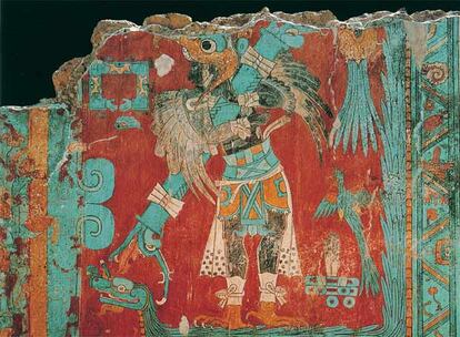 Pintura mural en Cacaxtla (México), de la cultura olmeca-xicalanca, incluida en el libro <i>Artes y civilizaciones.
</i>