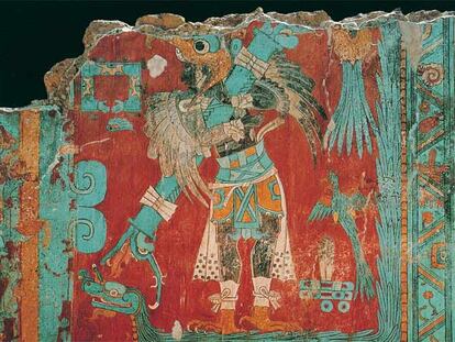 Pintura mural en Cacaxtla (México), de la cultura olmeca-xicalanca, incluida en el libro <i>Artes y civilizaciones.
</i>