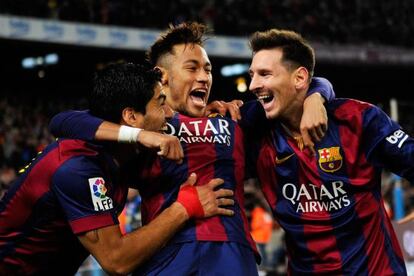 Suárez, Neymar i Messi, aquesta temporada, celebrant un gol.