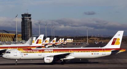 Iberia planes on the tarmac at Madrid's Barajas airport.